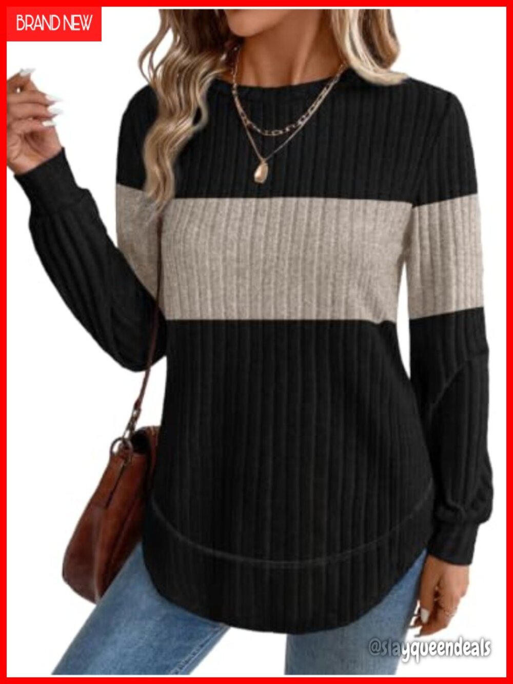 Womens Crew Neck Tunic Sweater Long Sleeve Curved Hem Loose Fit Top